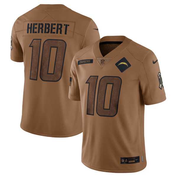 Mens Los Angeles Chargers #10 Justin Herbert 2023 Brown Salute To Service Limited Football Stitched Jersey Dyin->los angeles chargers->NFL Jersey